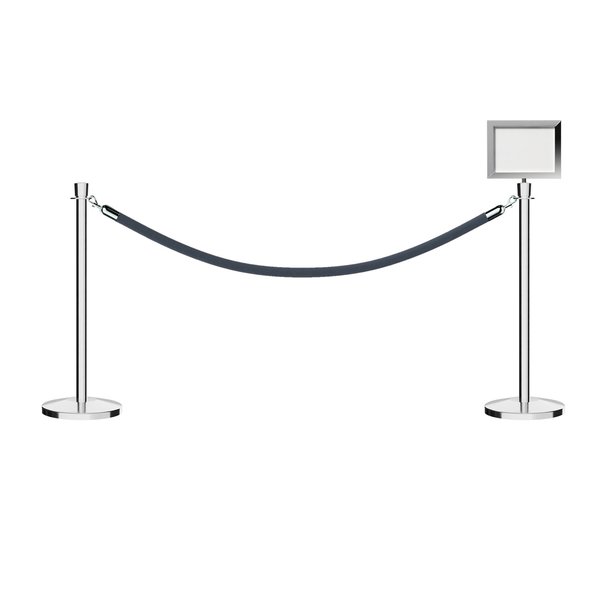 Montour Line Stanchion Post & Rope Kit Pol.Steel, 2CrownTop 1Gray Rope 8.5x11H Sign C-Kit-1-PS-CN-1-Tapped-1-8511-H-1-PVR-GY-PS